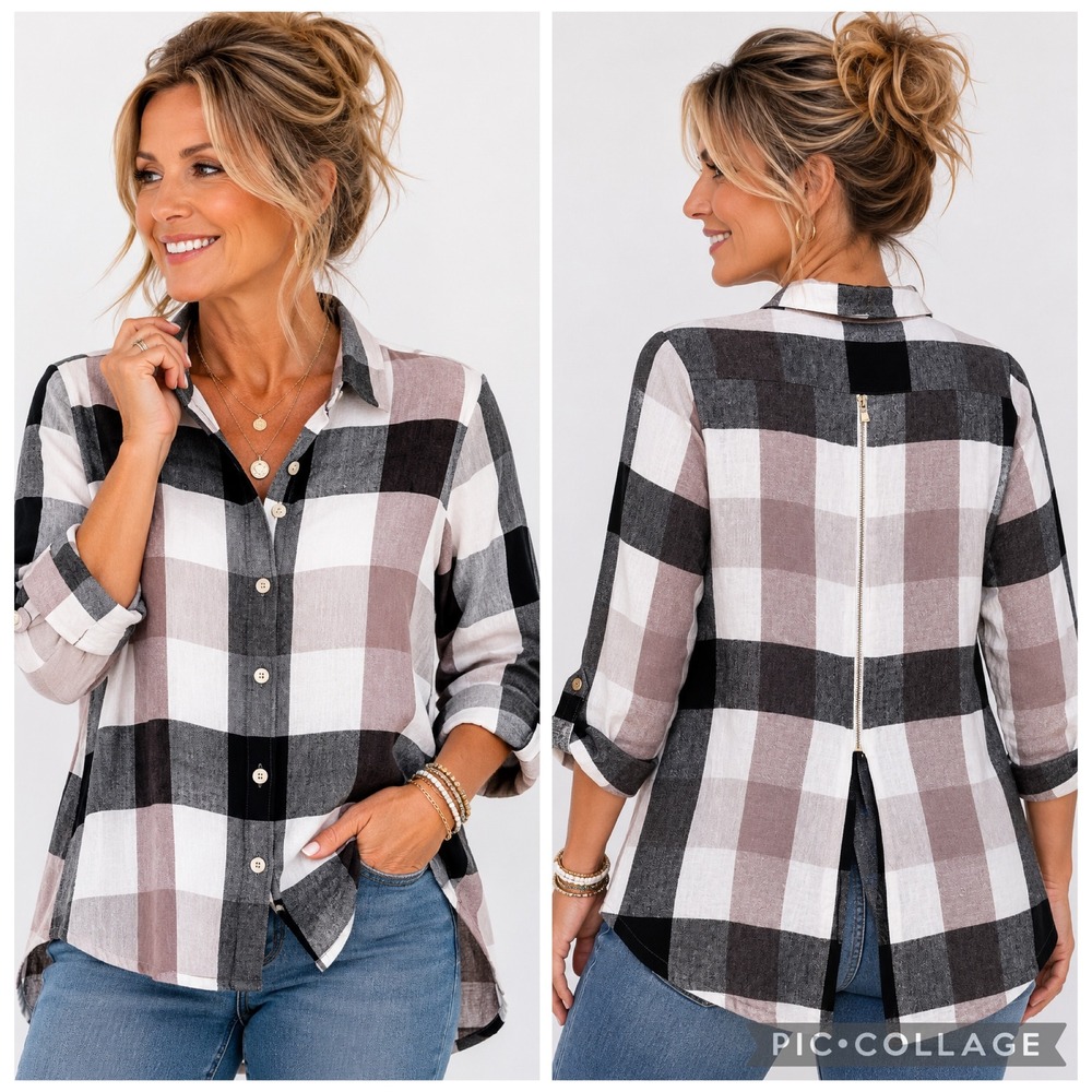 Soft Surroundings Buffalo Plaid Linen Blend Zipper Back Shirt Casual Layering
